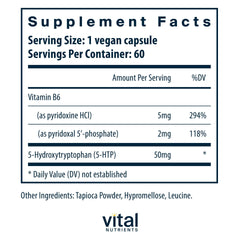 Close-up of Vital Nutrients 5-HTP capsules highlighting vegan formula.