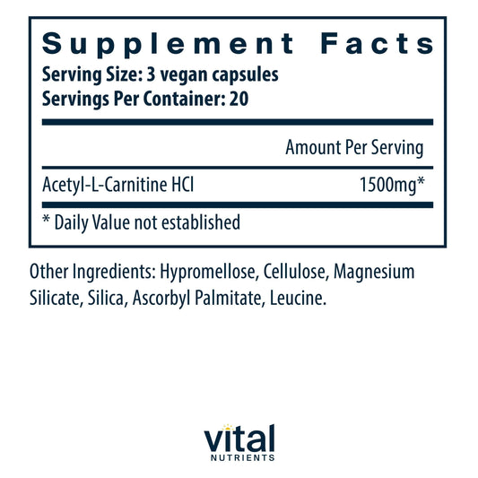 Close-up of Vital Nutrients Acetyl L-Carnitine 500mg label highlighting vegan formula
