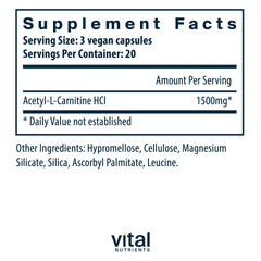 Close-up of Vital Nutrients Acetyl L-Carnitine 500mg label highlighting vegan formula