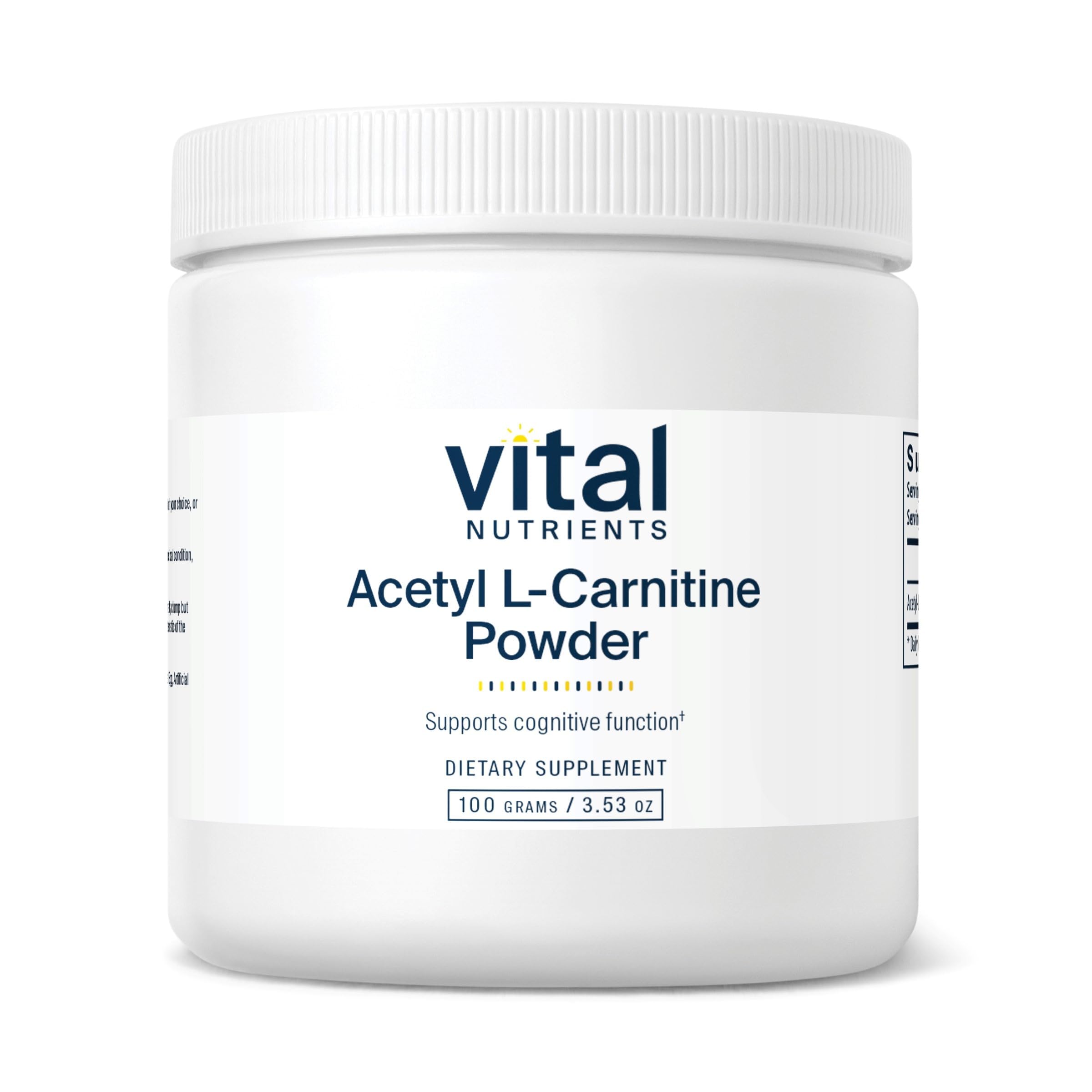 Vital Nutrients Acetyl L-Carnitine Powder bottle pour supports cognitive clarity during study sessions.