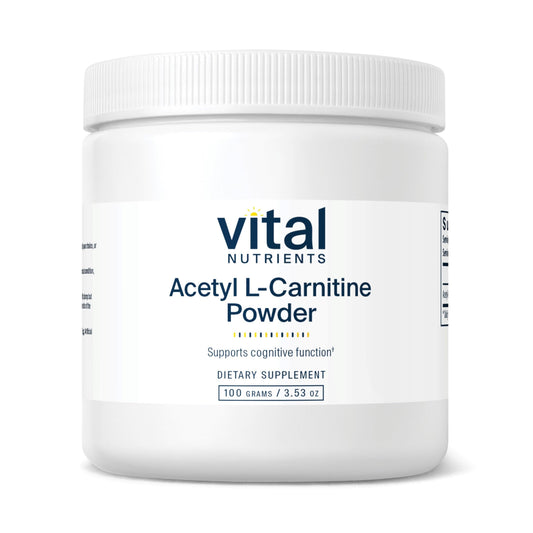 Vital Nutrients Acetyl L-Carnitine Powder bottle pour supports cognitive clarity during study sessions.