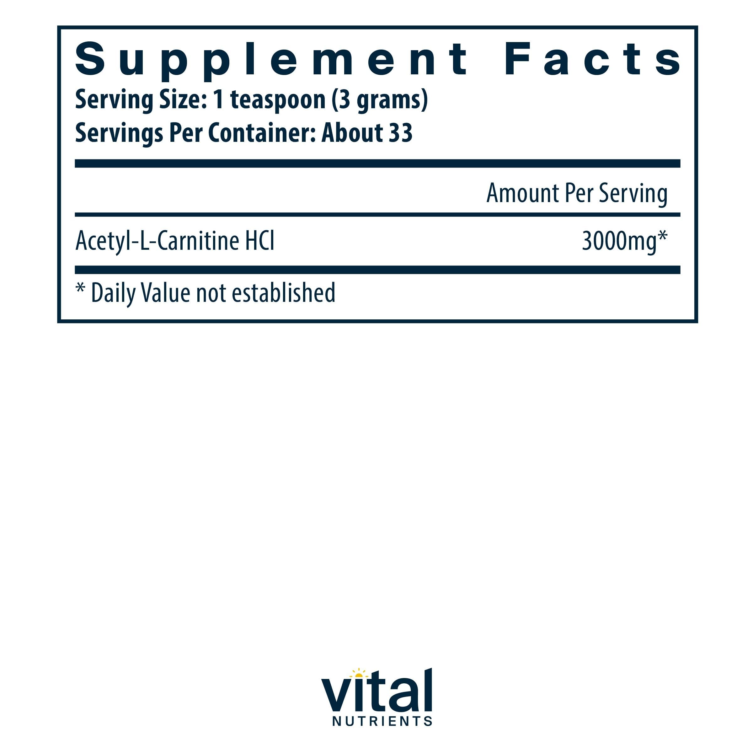 Vital Nutrients Acetyl L-Carnitine Powder with scoop for precise daily dosing.