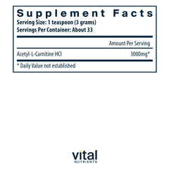 Vital Nutrients Acetyl L-Carnitine Powder with scoop for precise daily dosing.