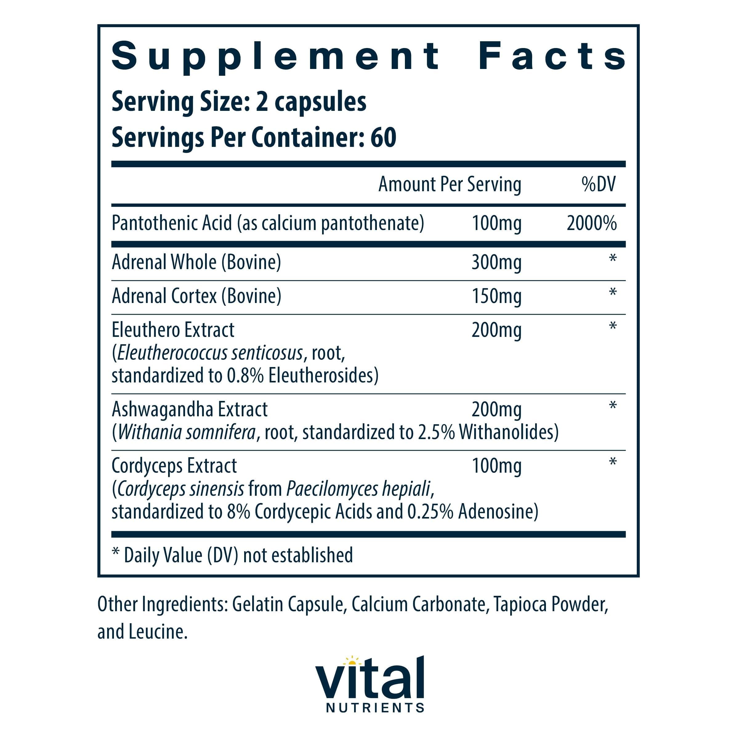 Vital Nutrients Adrenal Support with ashwagandha root close-up for calm support.