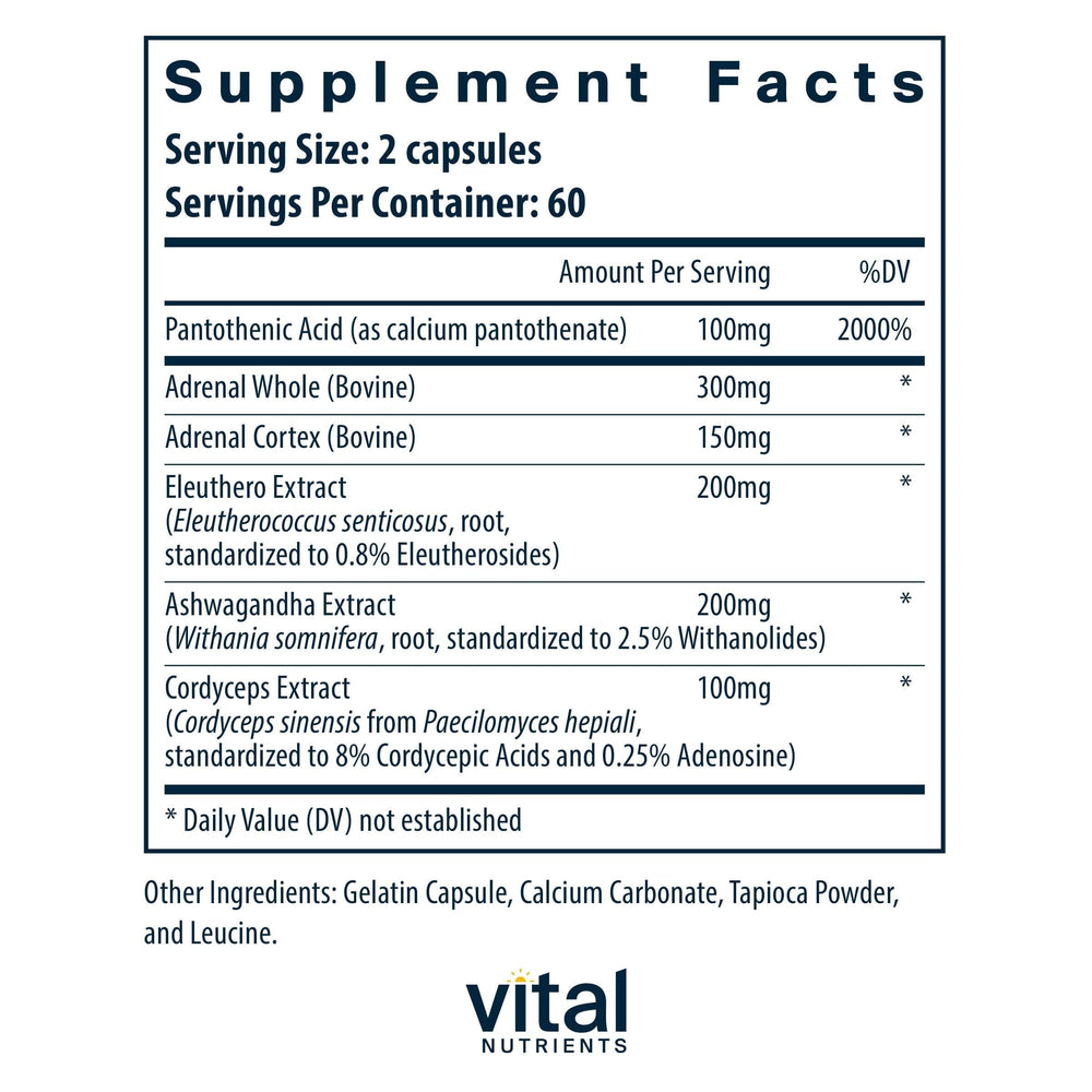 Vital Nutrients Adrenal Support with ashwagandha root close-up for calm support.