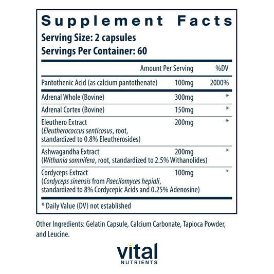 Vital Nutrients Adrenal Support with ashwagandha root close-up for calm support.