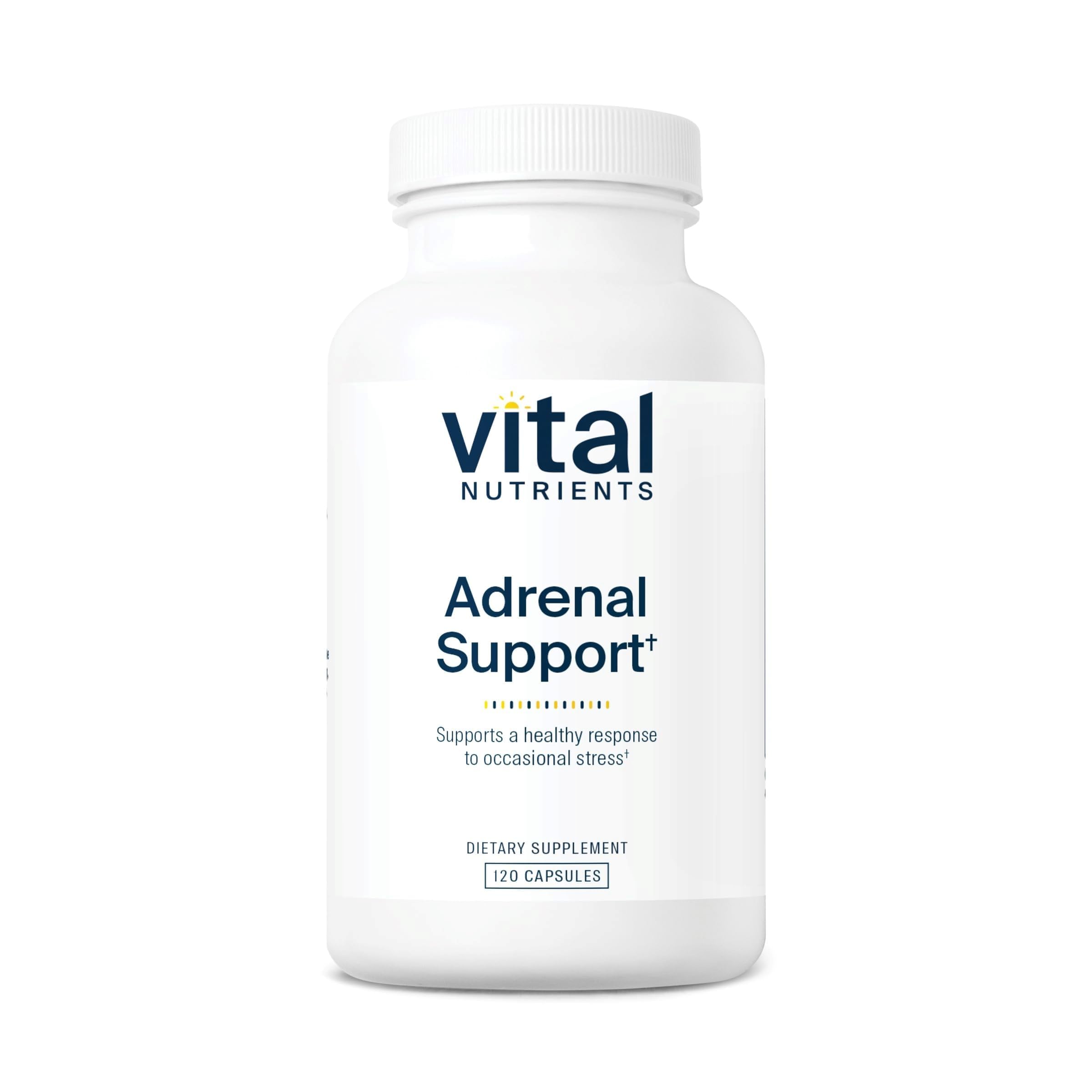 Vital Nutrients Adrenal Support bottle with capsules for daily stress support.