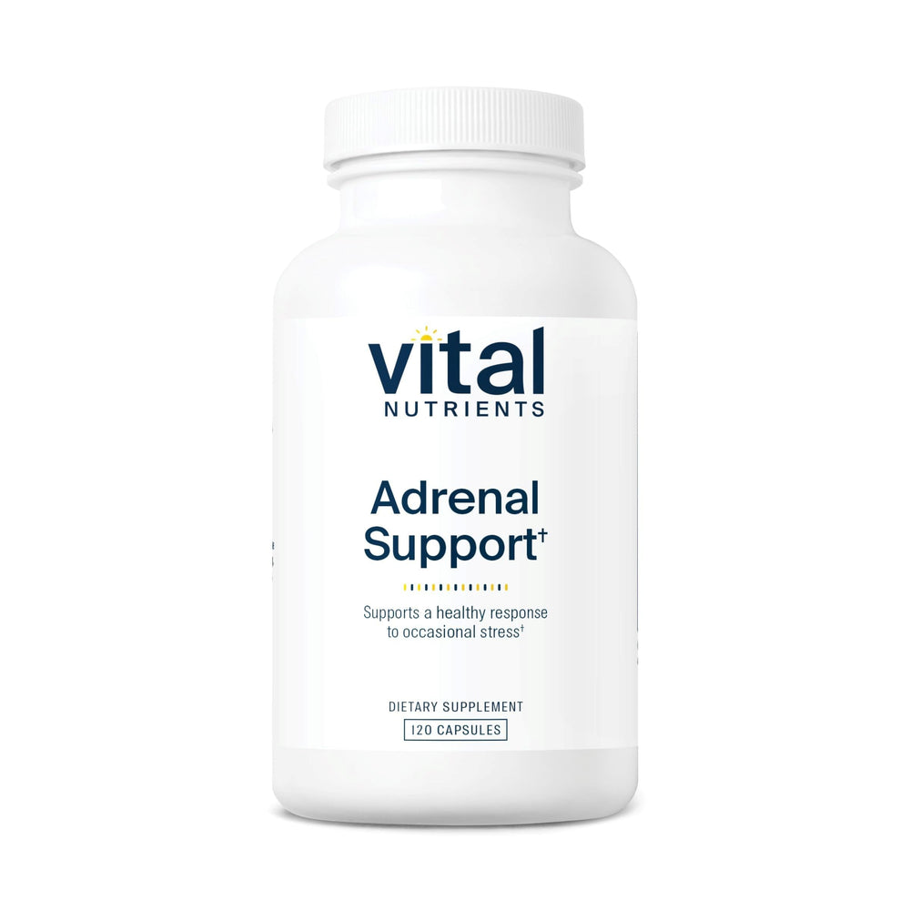 Vital Nutrients Adrenal Support bottle with capsules for daily stress support.