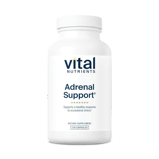 Vital Nutrients Adrenal Support bottle with capsules for daily stress support.