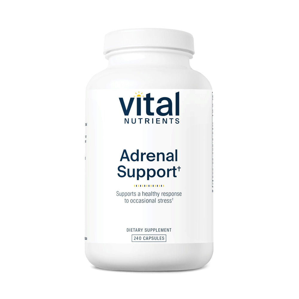 Vital Nutrients Adrenal Support bottle highlights gluten-free capsules for daily balance.