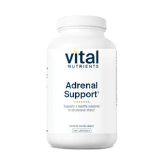 Vital Nutrients Adrenal Support bottle highlights gluten-free capsules for daily balance.