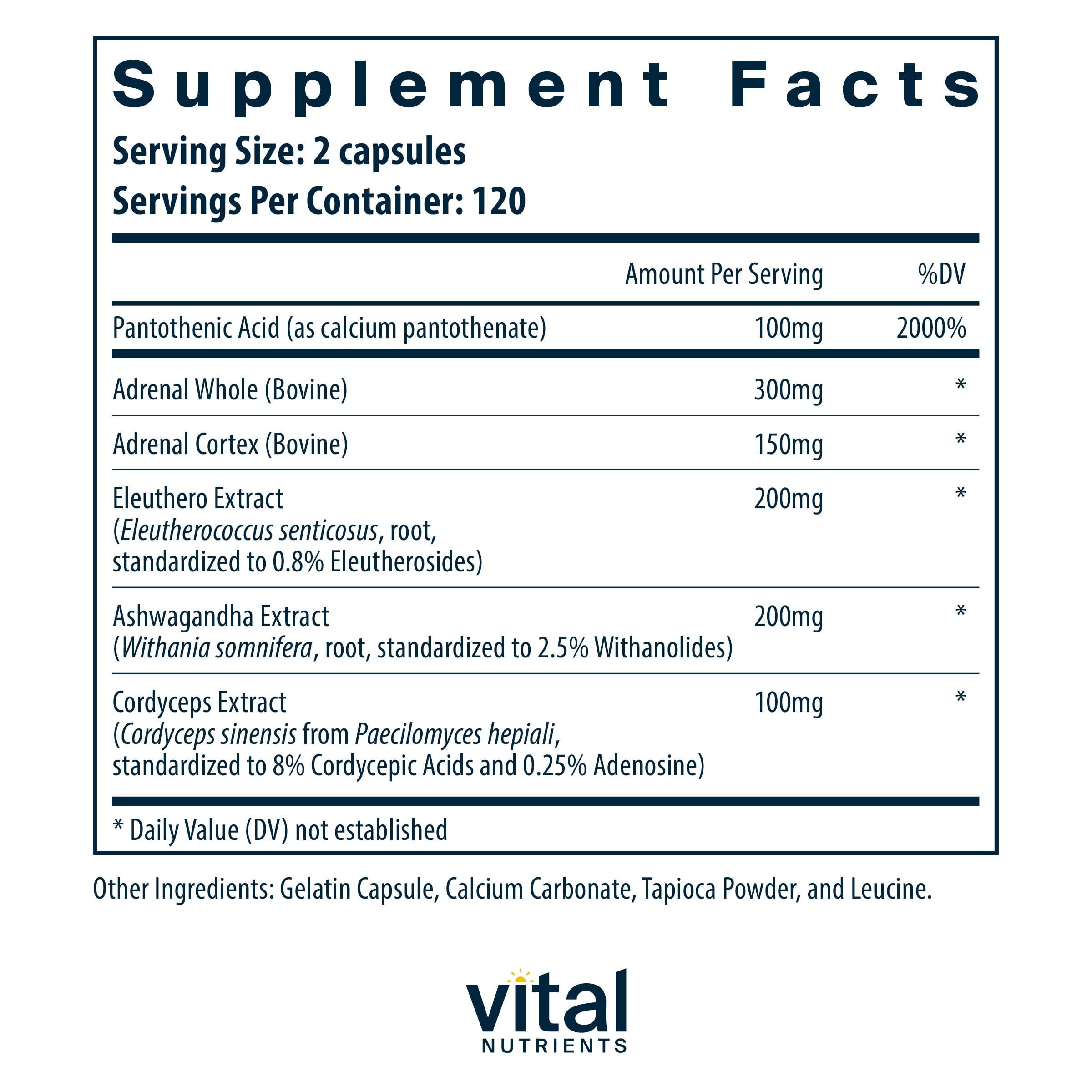 Vital Nutrients Adrenal Support capsules ready for daily use to sustain energy.
