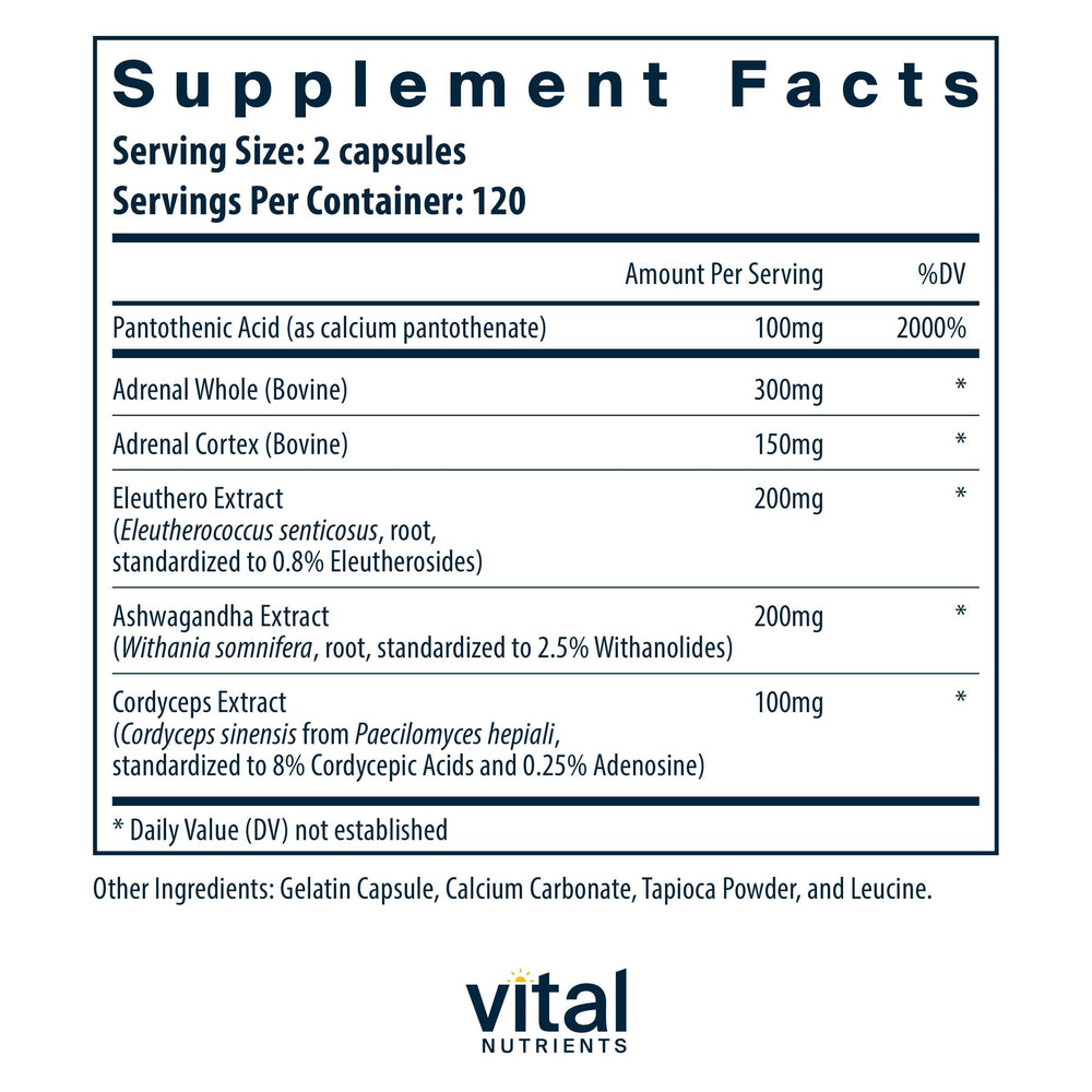 Vital Nutrients Adrenal Support capsules ready for daily use to sustain energy.