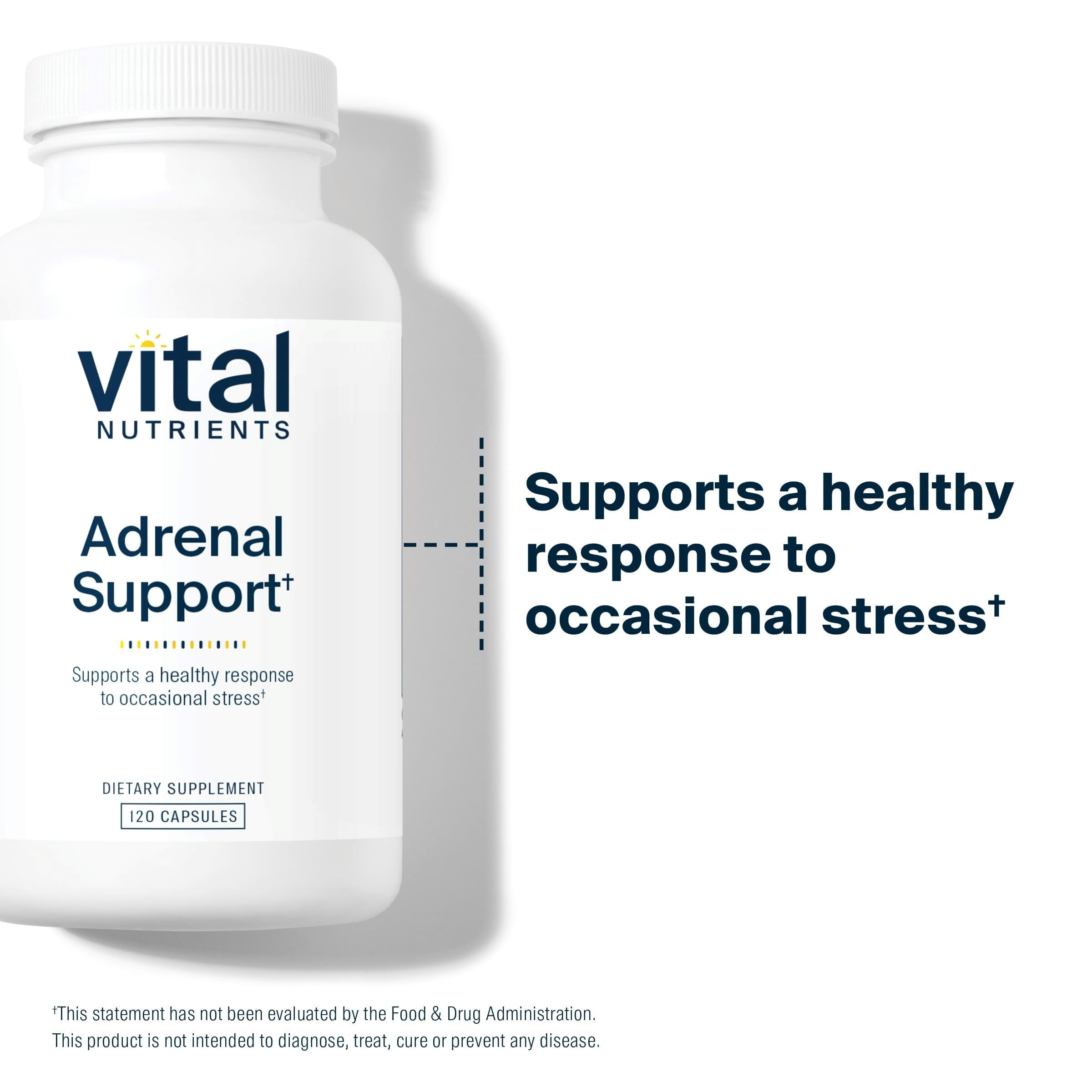 Vital Nutrients Adrenal Support capsules arranged for balanced energy potential.
