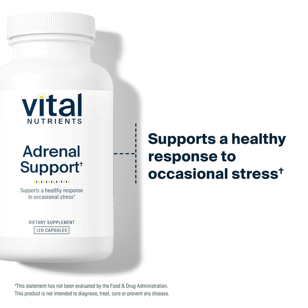 Vital Nutrients Adrenal Support capsules arranged for balanced energy potential.