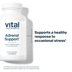 Vital Nutrients Adrenal Support capsules arranged for balanced energy potential.