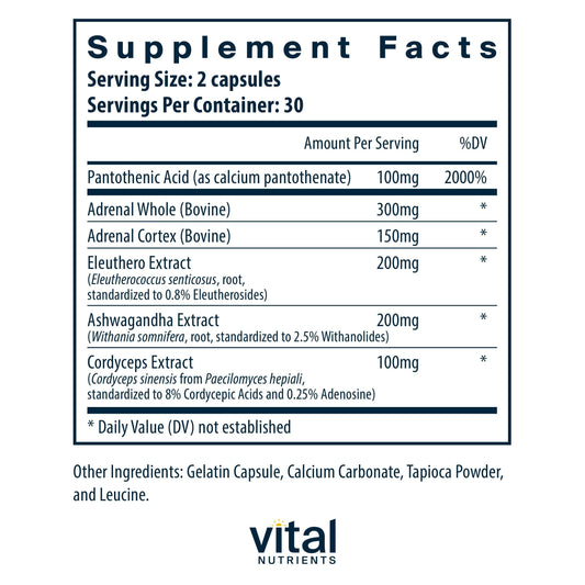 Vital Nutrients Adrenal Support capsules arranged for easy daily energy balance.