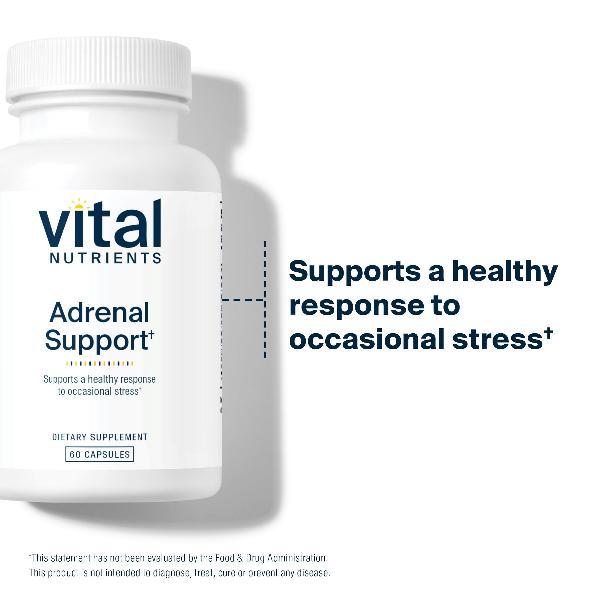 Vital Nutrients Adrenal Support label close-up showing gluten-free, non-GMO formula.