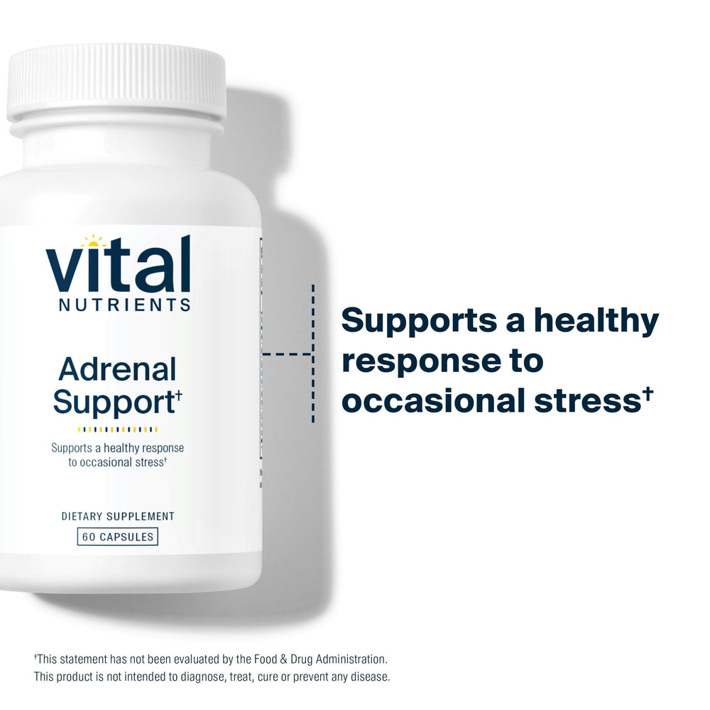 Vital Nutrients Adrenal Support label close-up showing gluten-free, non-GMO formula.