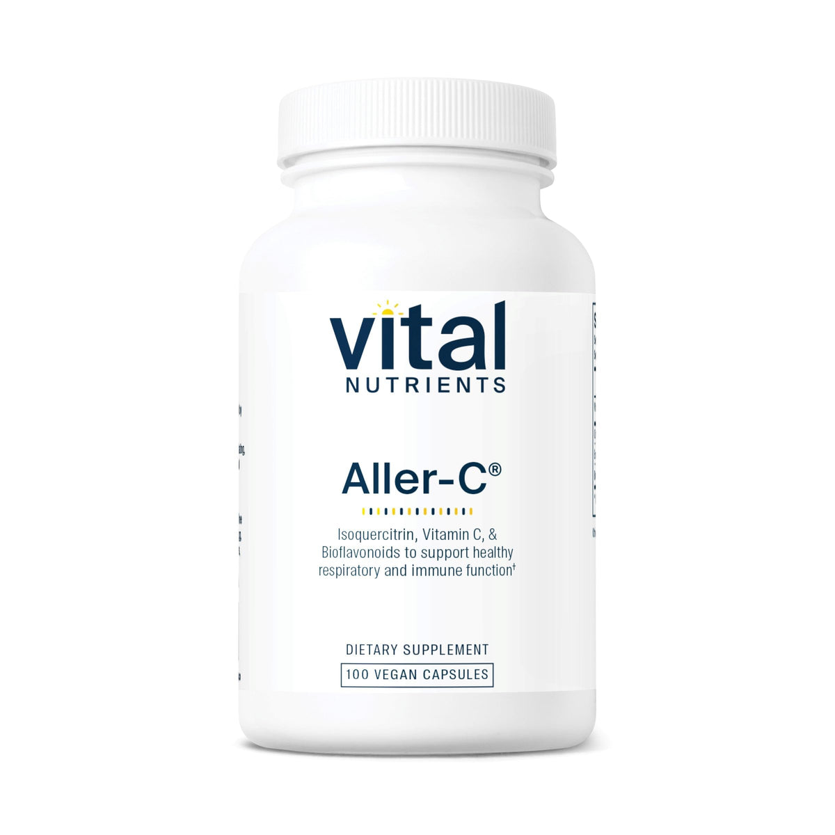 Vital Nutrients Aller-C bottle label shows vegan formula for respiratory support.