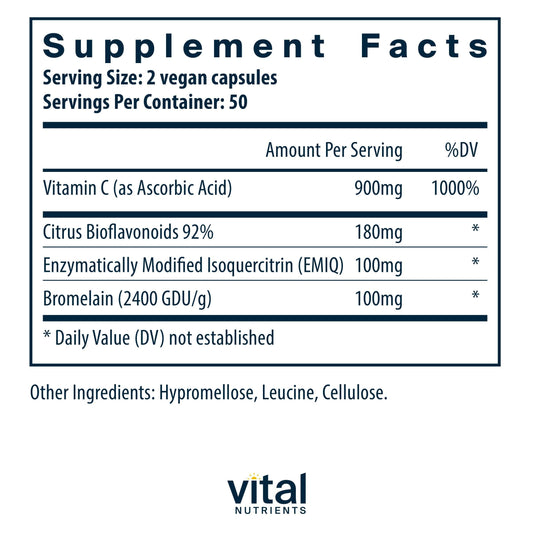Vital Nutrients Aller-C ingredients isoquercitrin highlight enhanced absorption for immune support.