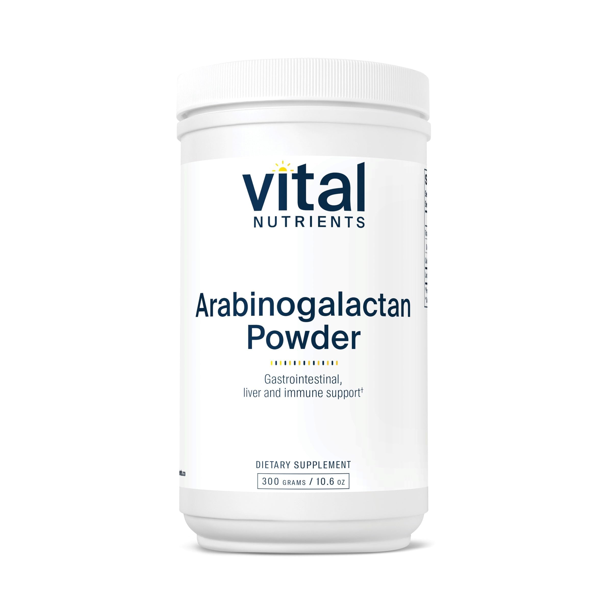 Vital Nutrients Arabinogalactan powder bottle shows vegan prebiotic fiber for gut support.