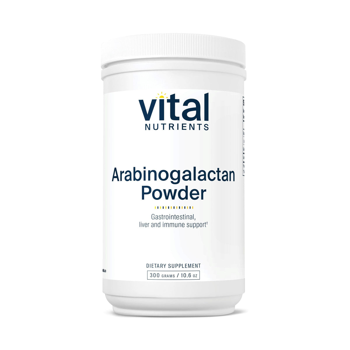 Vital Nutrients Arabinogalactan powder bottle shows vegan prebiotic fiber for gut support.