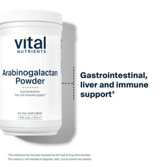 Vital Nutrients Arabinogalactan powder label close-up shows gluten-free and non-GMO details.