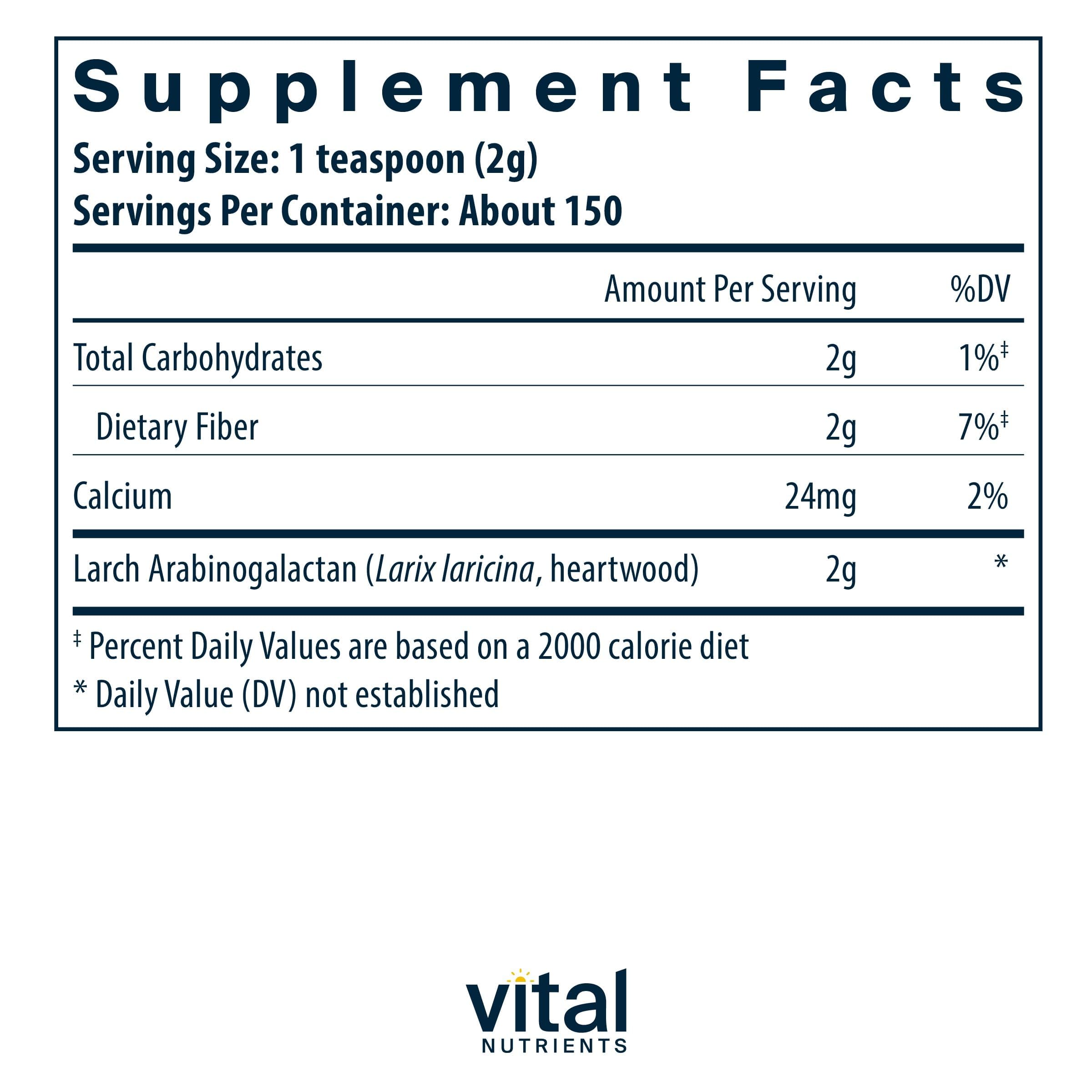 Vital Nutrients Arabinogalactan powder scoop highlights convenient daily use.