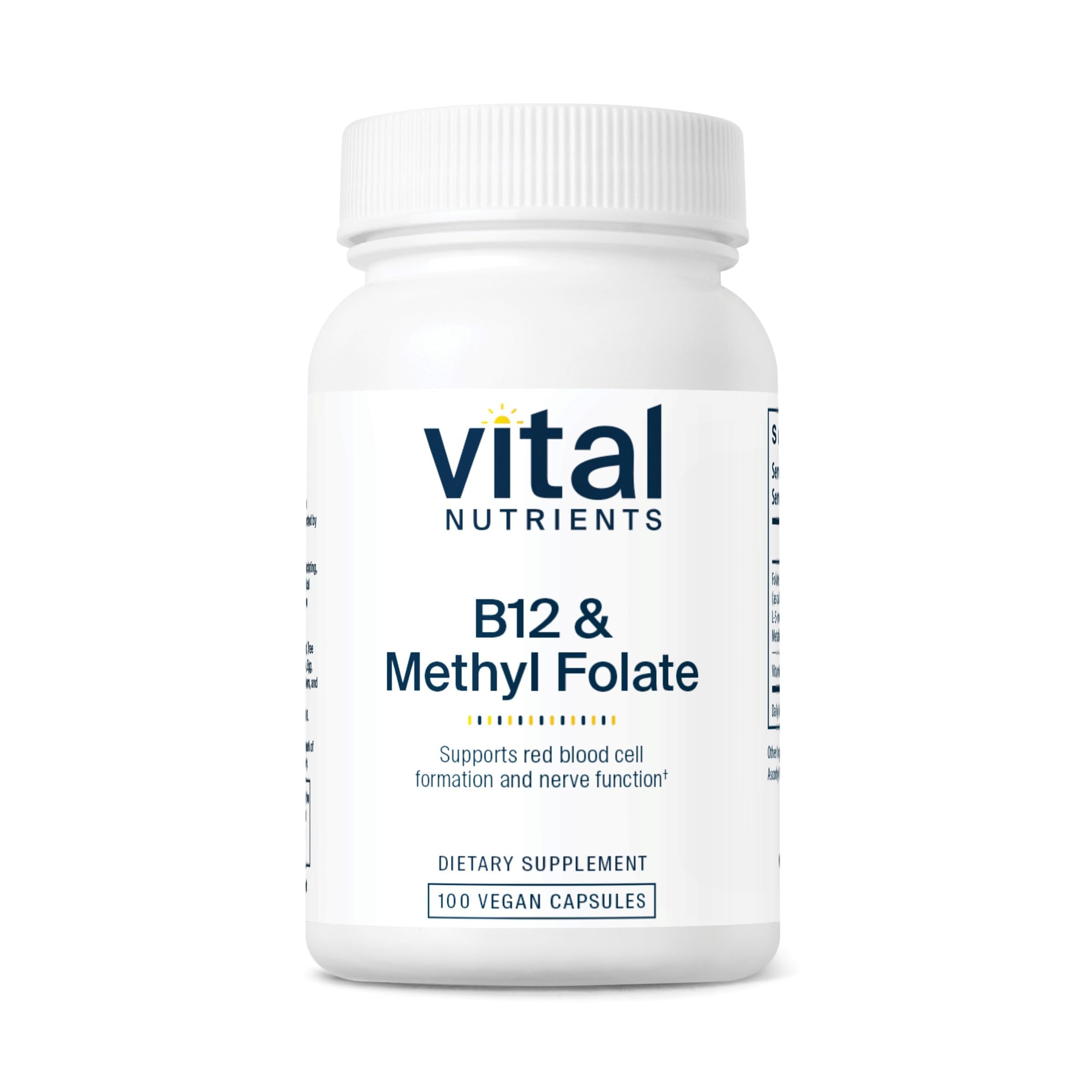 Vital Nutrients Vitamin B12 & Methyl Folate bottle on white surface for energy metabolism support