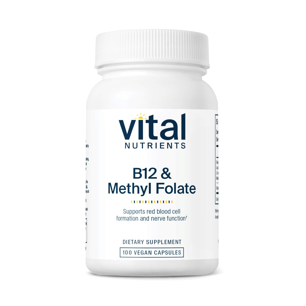Vital Nutrients Vitamin B12 & Methyl Folate bottle on white surface for energy metabolism support