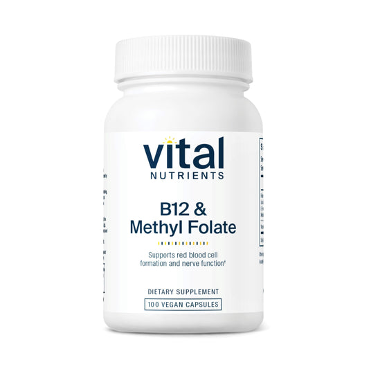 Vital Nutrients Vitamin B12 & Methyl Folate bottle on white surface for energy metabolism support