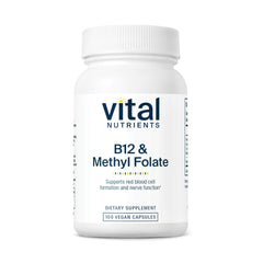 Vital Nutrients Vitamin B12 & Methyl Folate bottle on white surface for energy metabolism support