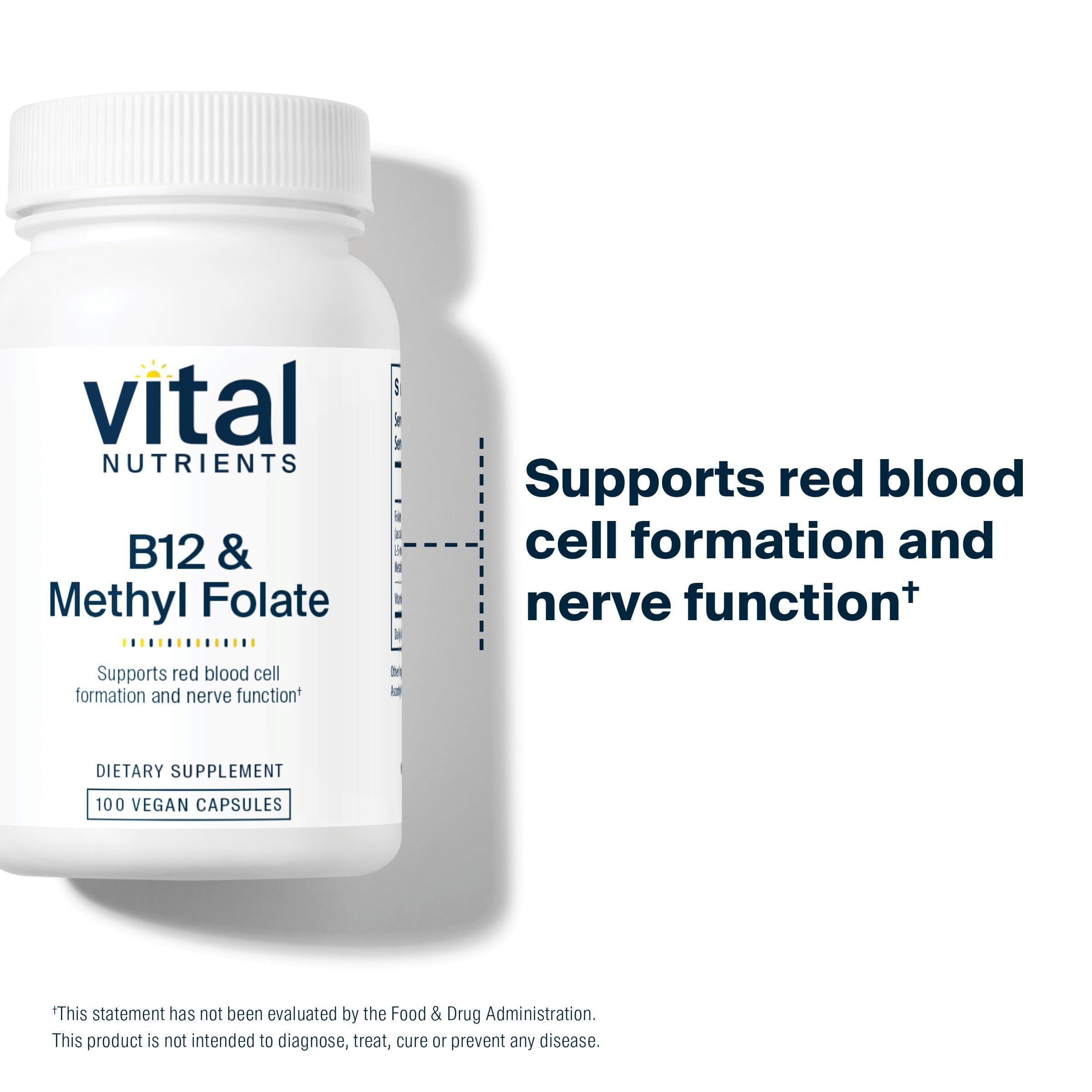 Vital Nutrients B12 & Methyl Folate capsule line next to label, highlighting purity and potency