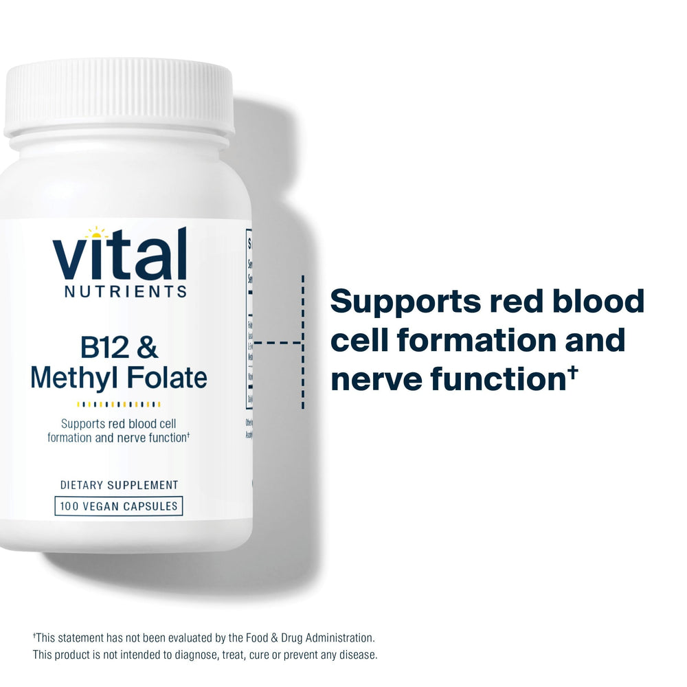 Vital Nutrients B12 & Methyl Folate capsule line next to label, highlighting purity and potency