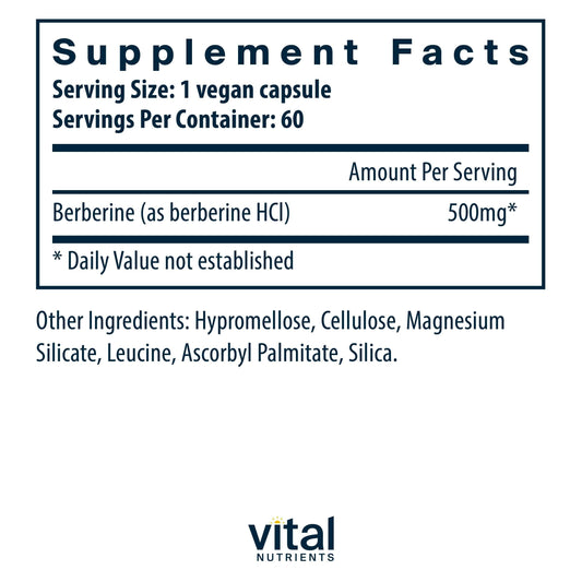 Vital Nutrients Berberine capsules close-up showing vegan 500 mg formula