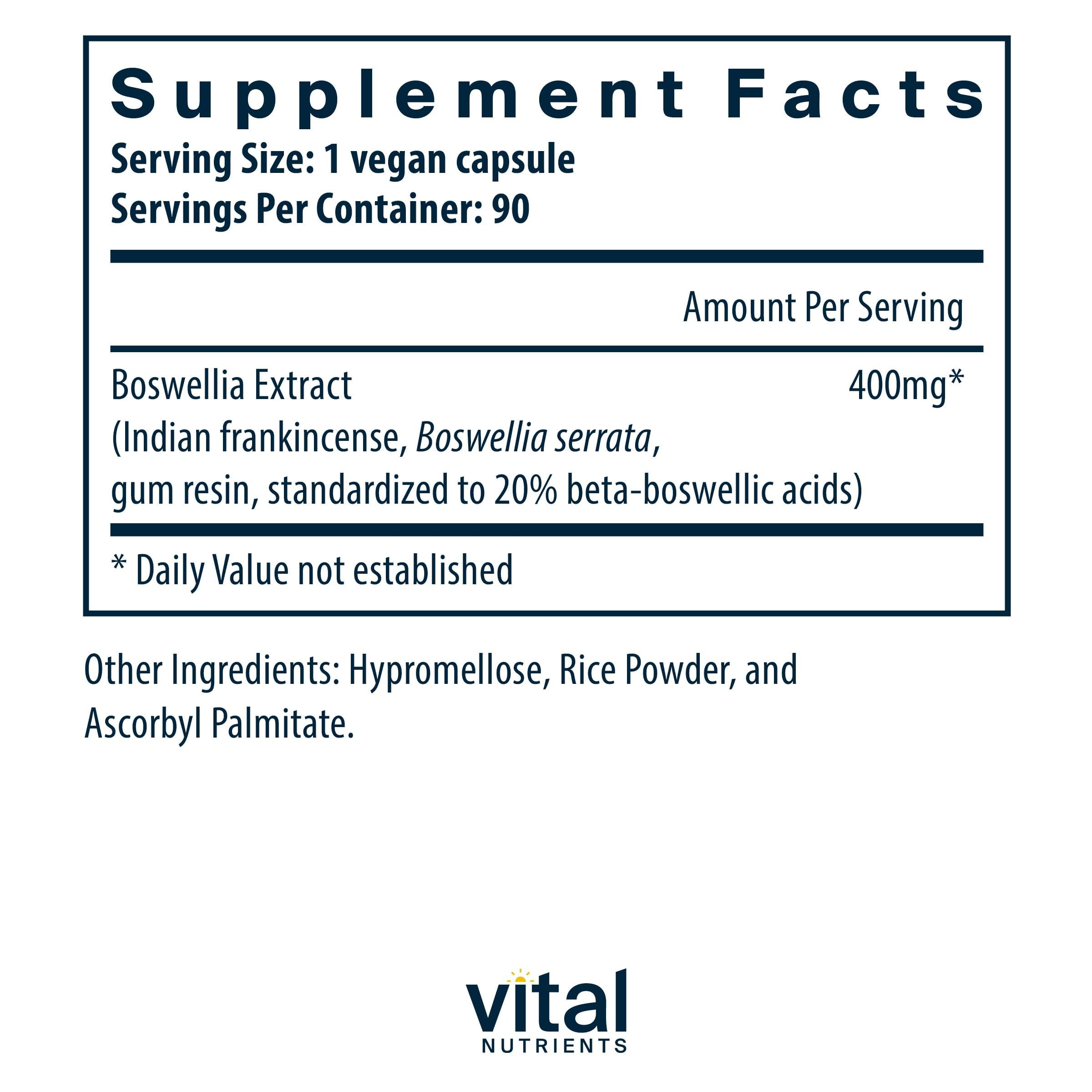Vital Nutrients Boswellia extract capsules closeup shows easy-to-swallow form