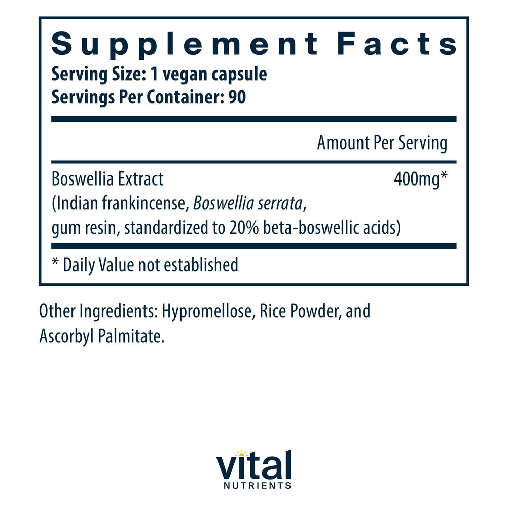 Vital Nutrients Boswellia extract capsules closeup shows easy-to-swallow form