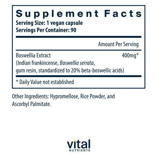 Vital Nutrients Boswellia extract capsules closeup shows easy-to-swallow form