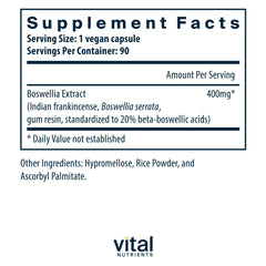 Vital Nutrients Boswellia extract capsules closeup shows easy-to-swallow form