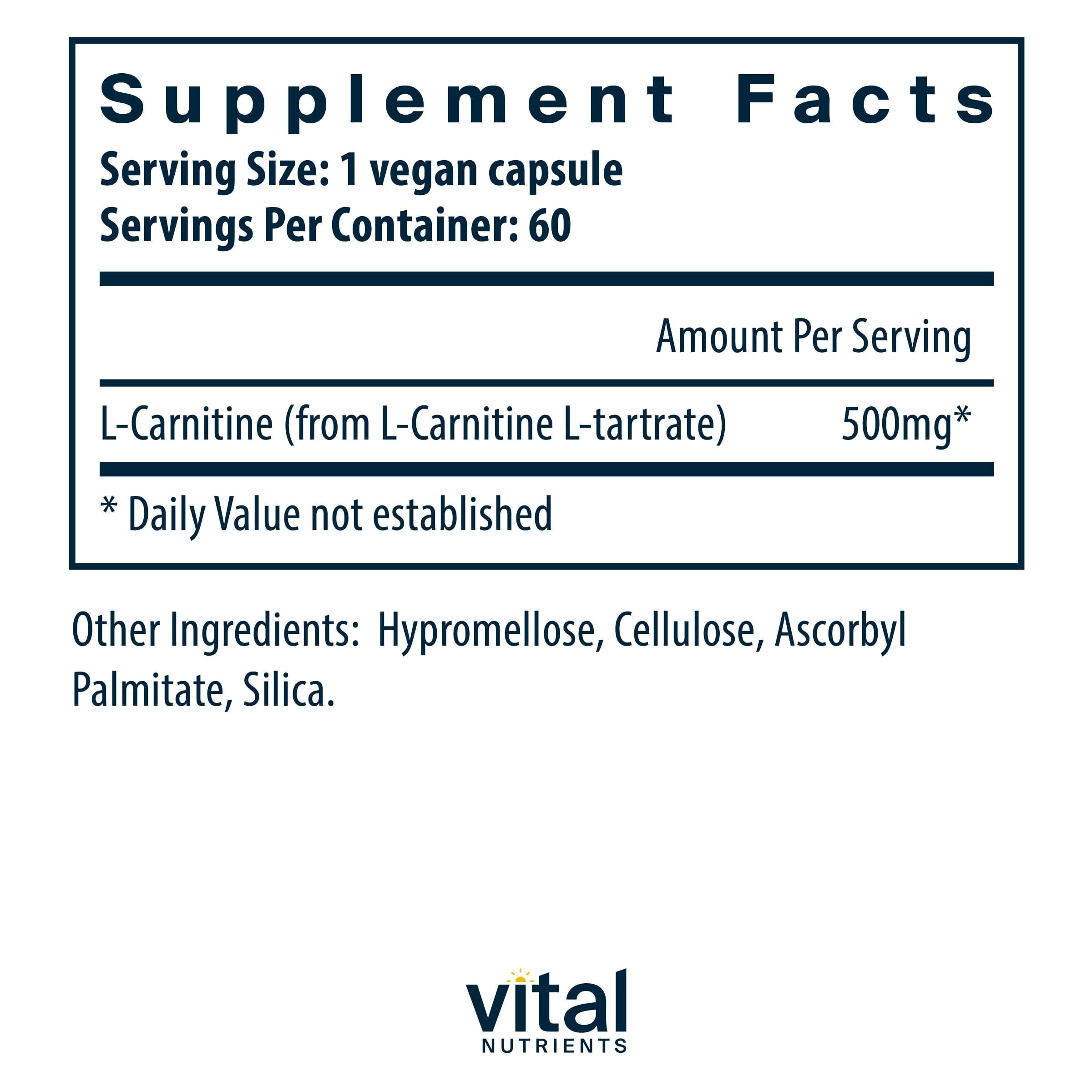 Vital Nutrients Carnitine 500mg label highlighting vegan and non-GMO