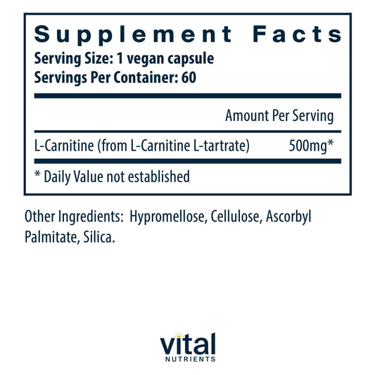 Vital Nutrients Carnitine 500mg label highlighting vegan and non-GMO