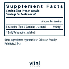 Vital Nutrients Carnitine 500mg label highlighting vegan and non-GMO