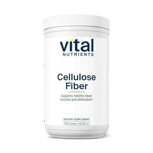 Vital Nutrients cellulose fiber powder bottle offers vegan insoluble fiber to support healthy elimination.