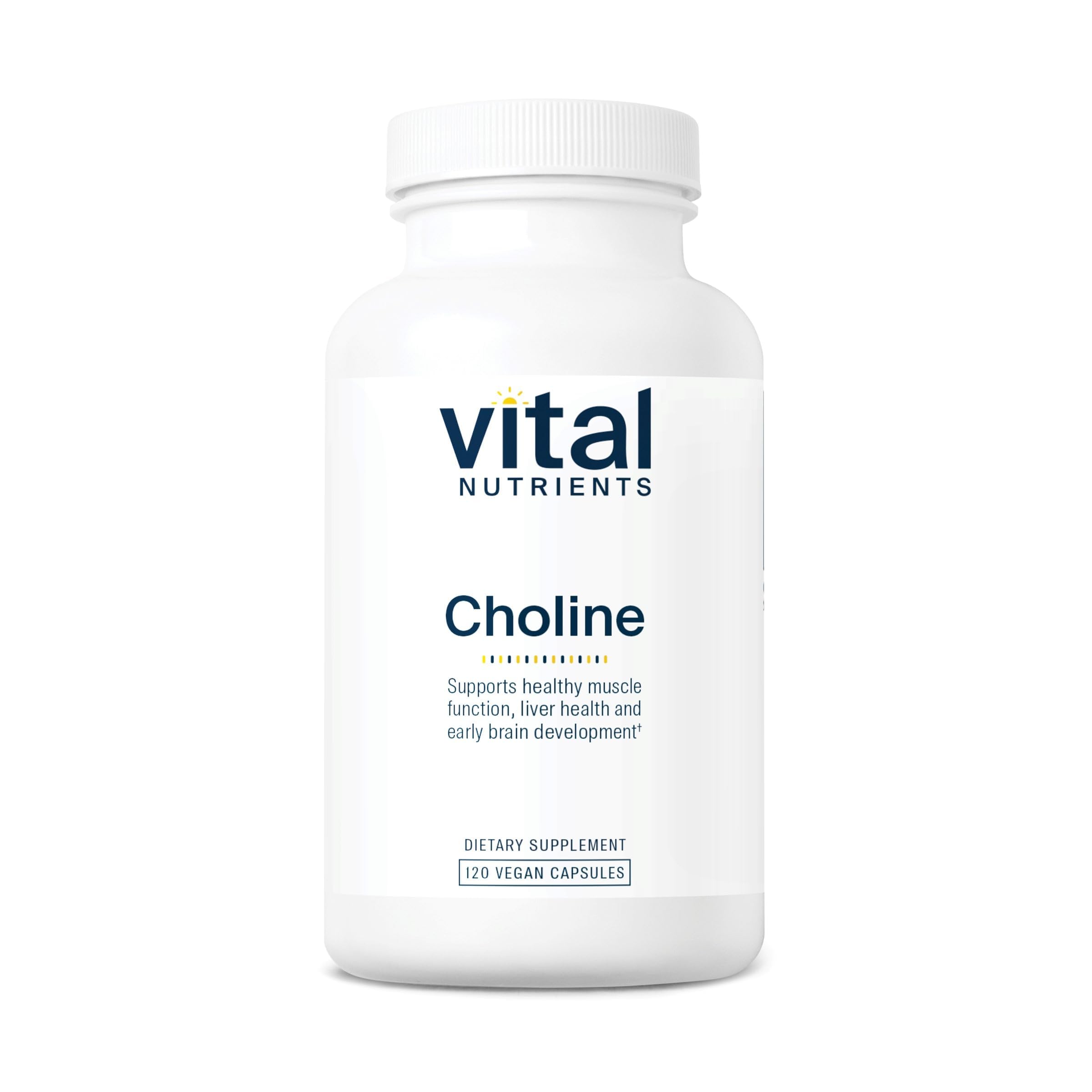 Vital Nutrients Choline 550mg bottle front, vegan formula with clean label.