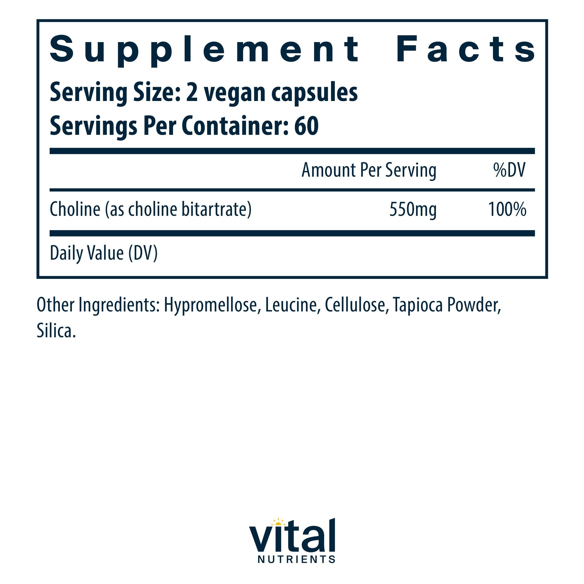 Vital Nutrients Choline 550mg capsules closeup, supports brain and nervous system functions.