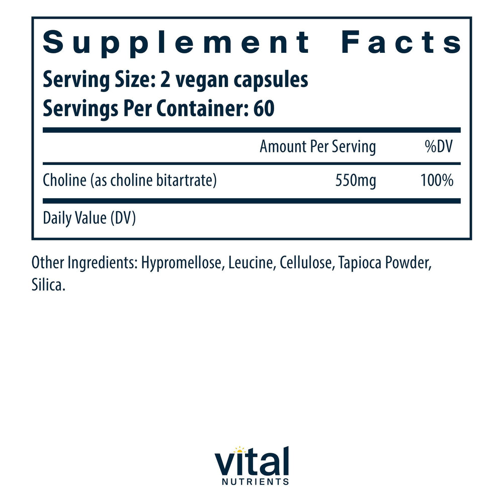 Vital Nutrients Choline 550mg capsules closeup, supports brain and nervous system functions.