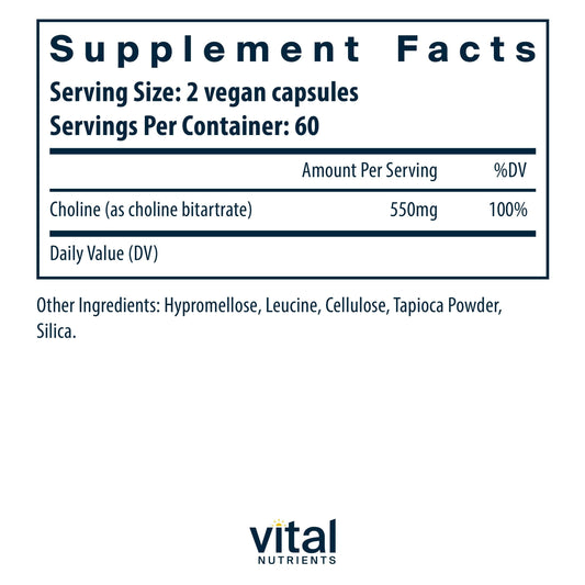 Vital Nutrients Choline 550mg capsules closeup, supports brain and nervous system functions.