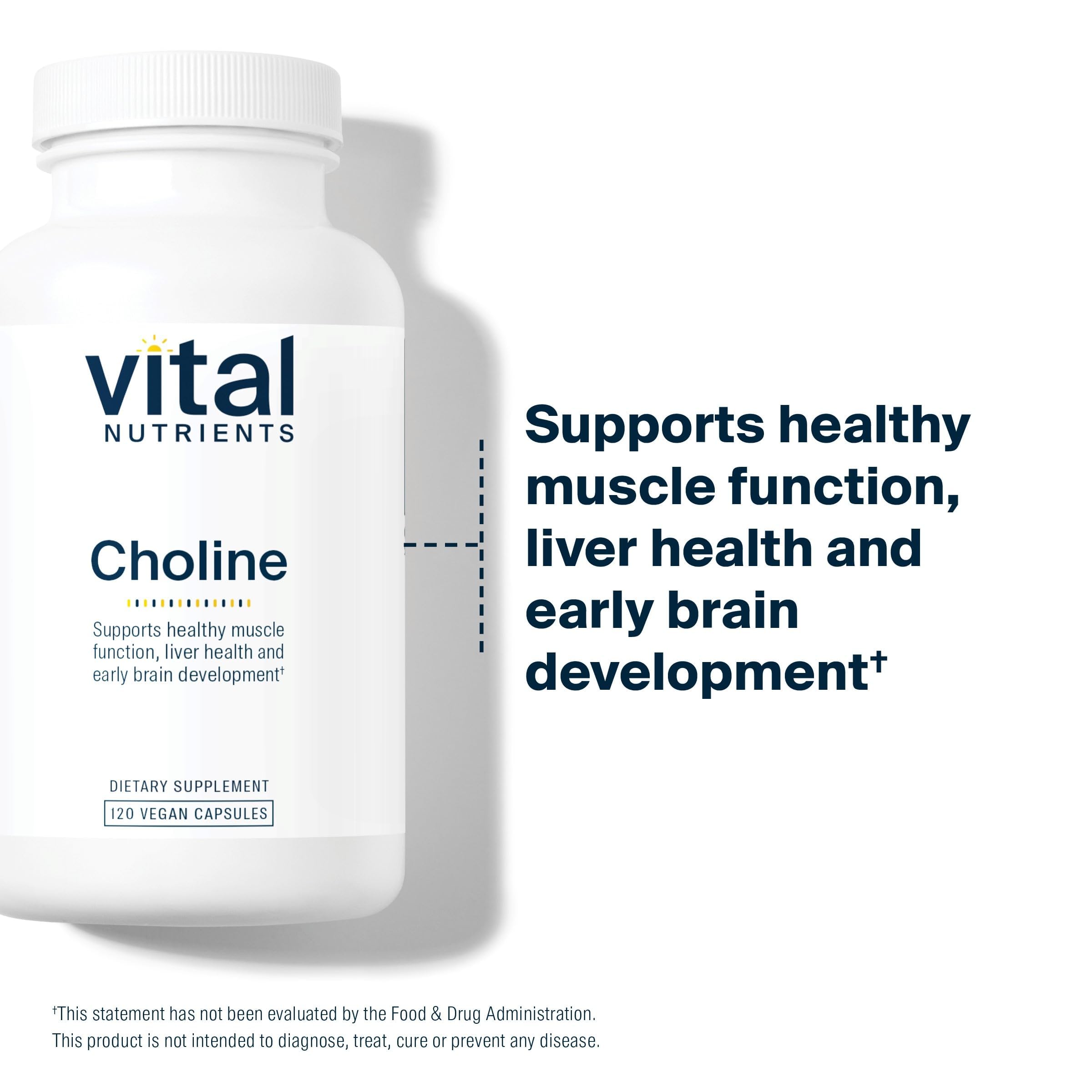 Vital Nutrients Choline 550mg vegan formula label, non-GMO and allergen-free.