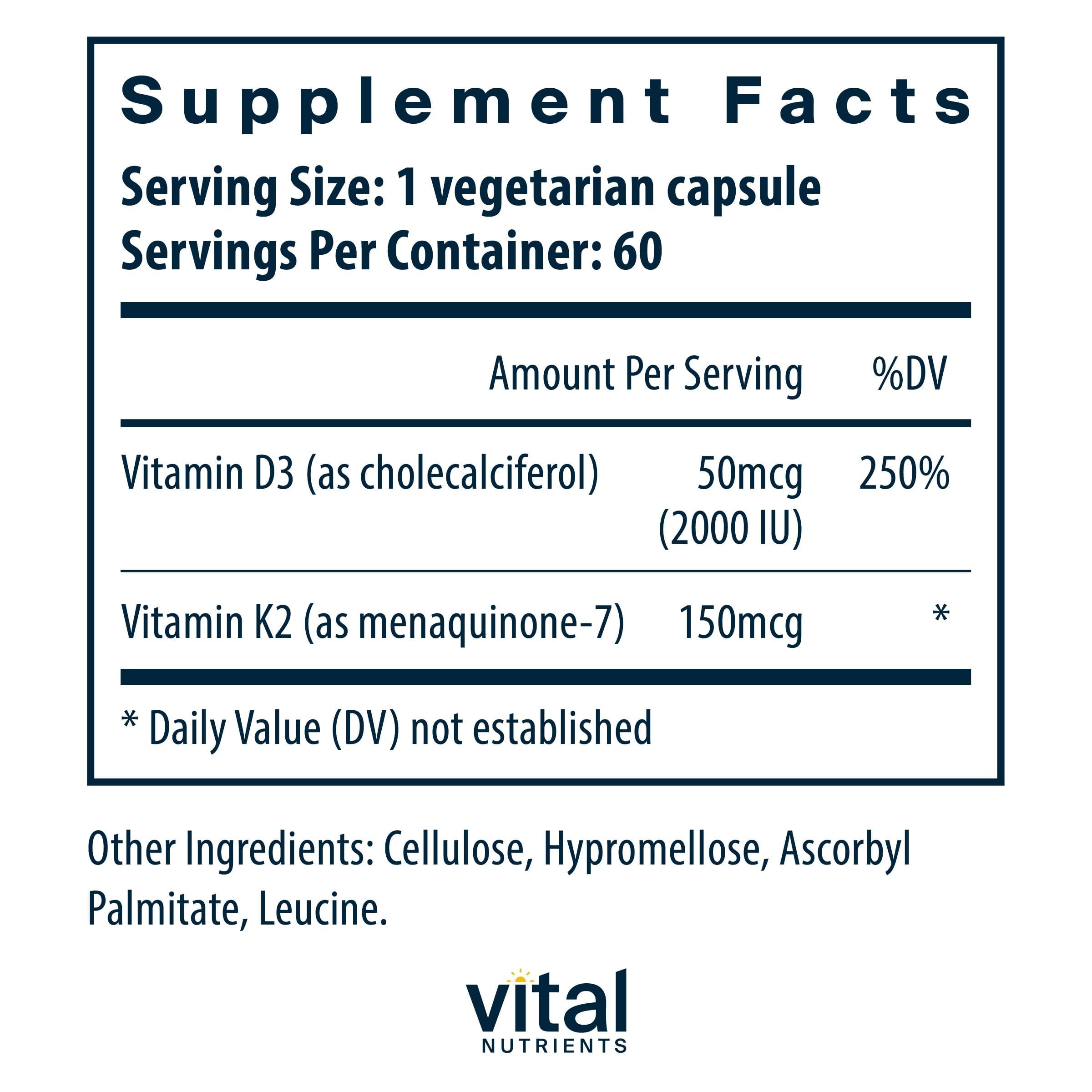 Vital Nutrients d3-k2 capsules close-up highlights softgel capsules for absorption